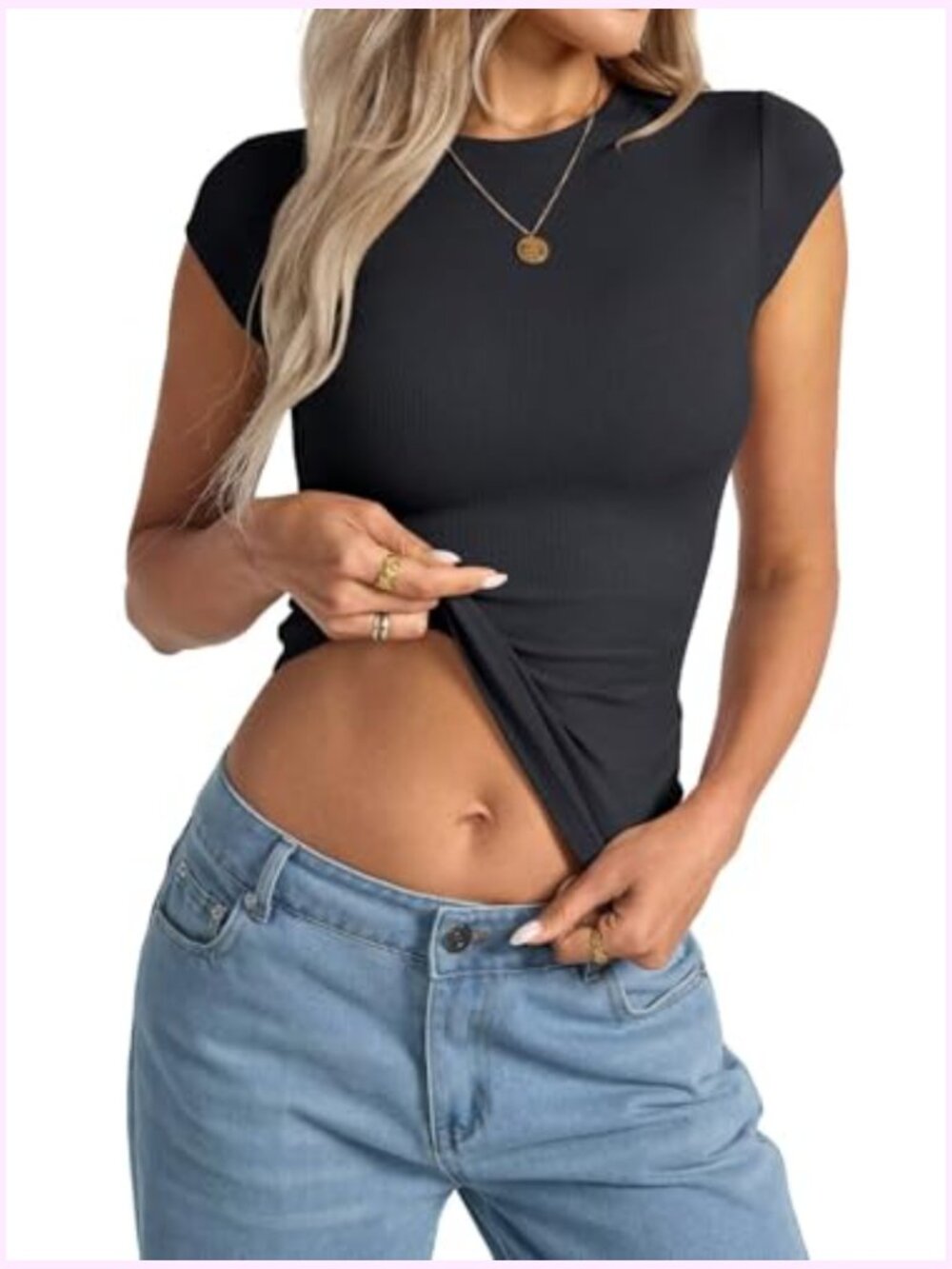 Cap Sleeve Crop Top Crew Neck Ribbed Tee Slim Fit Going Out Top Y2K - Picture 5 of 7